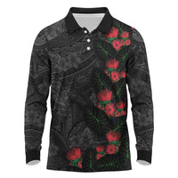 Hawaiian Taro Leaves and Ohia Lehua Long Sleeve Polo Shirt Polynesian Tribal Art Tropical Plants Motifs Grayscale LT03 Multicolor - Polynesian Pride