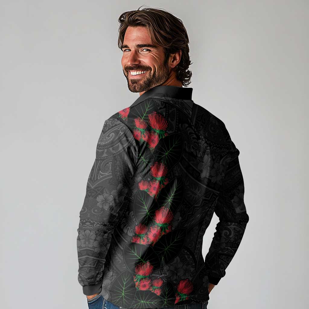 Hawaiian Taro Leaves and Ohia Lehua Long Sleeve Polo Shirt Polynesian Tribal Art Tropical Plants Motifs Grayscale LT03 - Polynesian Pride