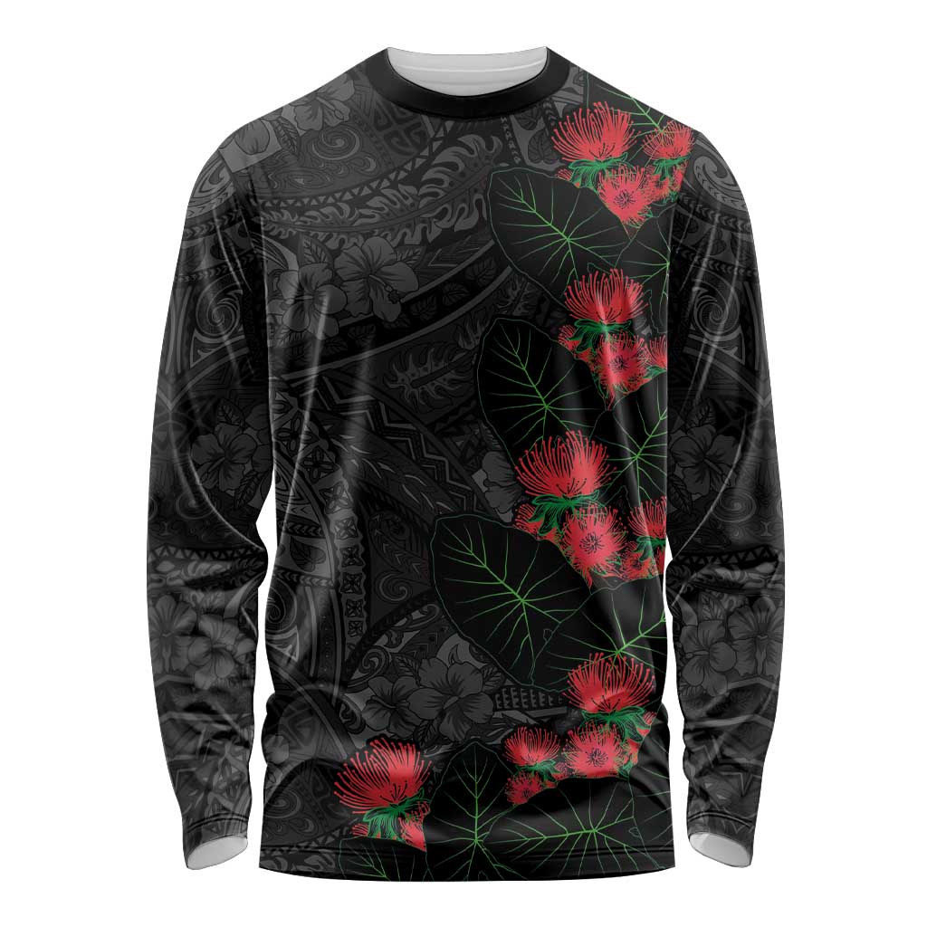 Hawaiian Taro Leaves and Ohia Lehua Long Sleeve Shirt Polynesian Tribal Art Tropical Plants Motifs Grayscale LT03 Unisex Multicolor - Polynesian Pride