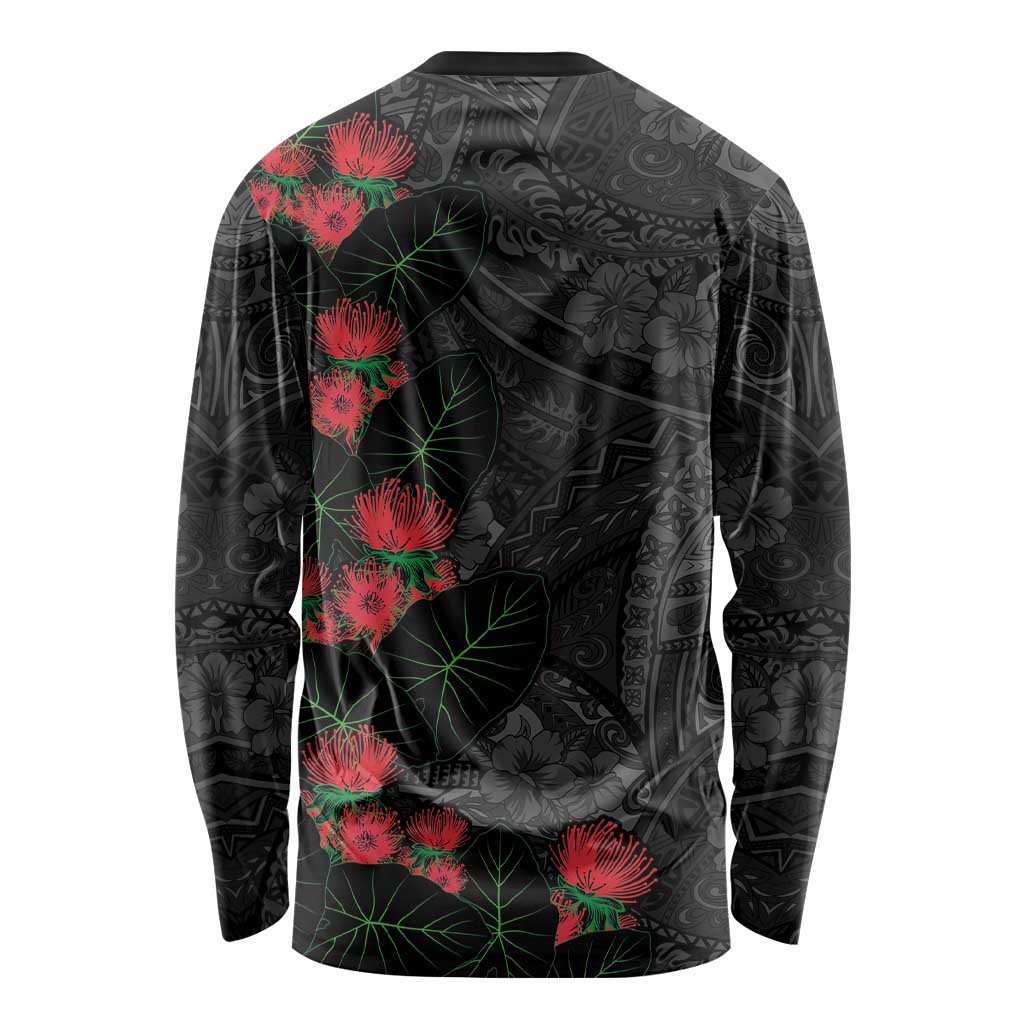 Hawaiian Taro Leaves and Ohia Lehua Long Sleeve Shirt Polynesian Tribal Art Tropical Plants Motifs Grayscale