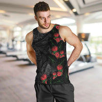 Hawaiian Taro Leaves and Ohia Lehua Men Tank Top Polynesian Tribal Art Tropical Plants Motifs Grayscale
