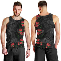 Hawaiian Taro Leaves and Ohia Lehua Men Tank Top Polynesian Tribal Art Tropical Plants Motifs Grayscale