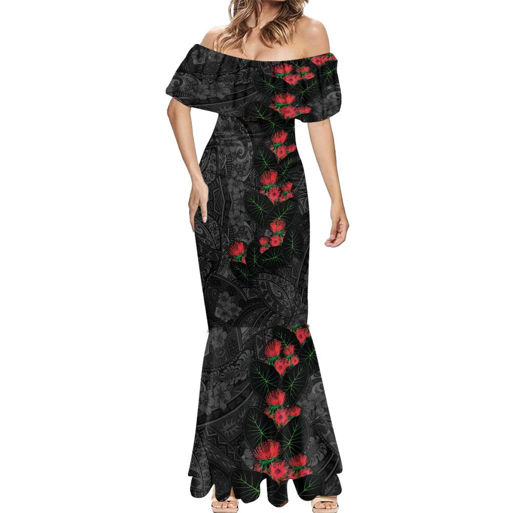 Hawaiian Taro Leaves and Ohia Lehua Mermaid Dress Polynesian Tribal Art Tropical Plants Motifs Grayscale LT03 - Polynesian Pride