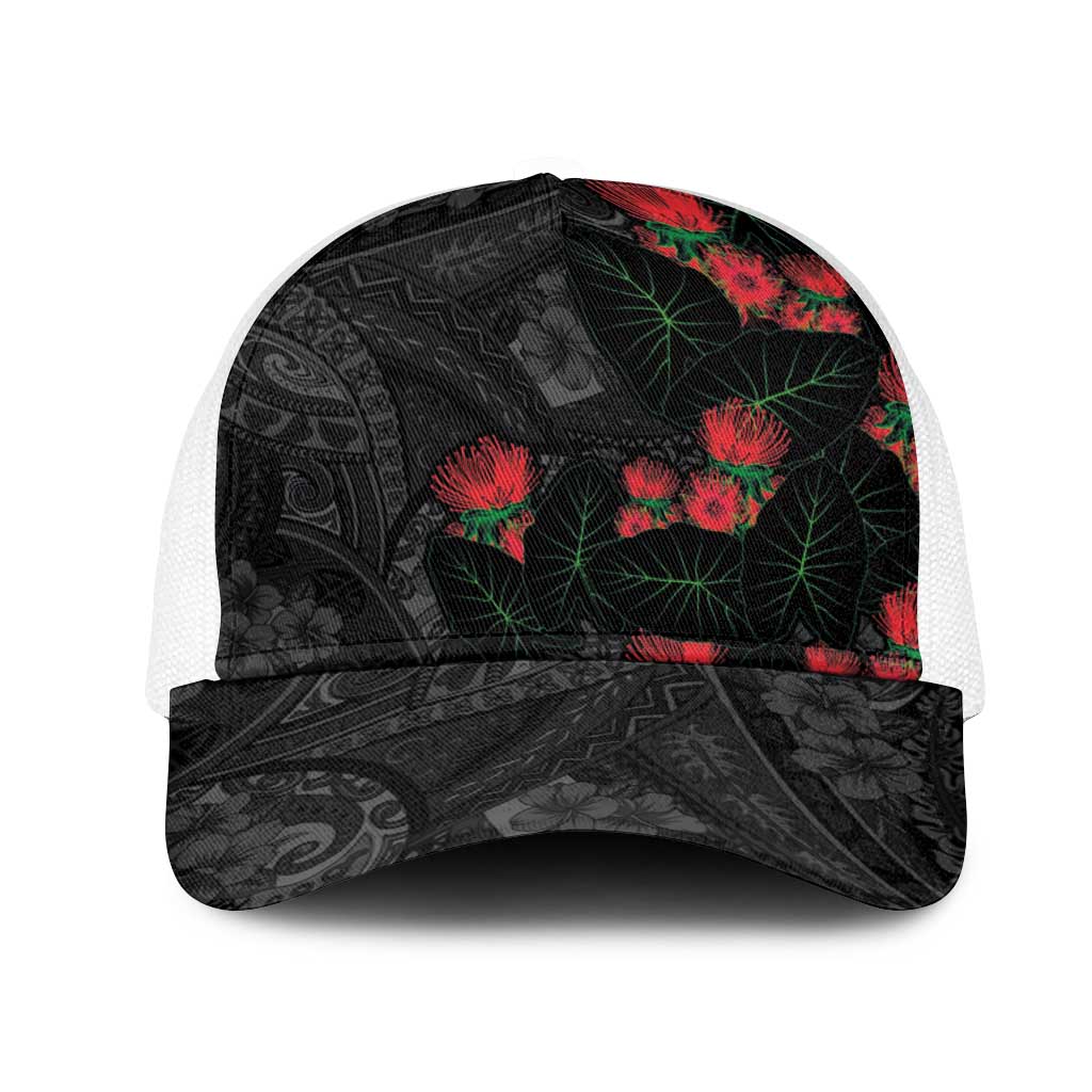 Hawaiian Taro Leaves and Ohia Lehua Mesh Trucker Cap Polynesian Tribal Art Tropical Plants Motifs Grayscale LT03 One Size White Multicolor - Polynesian Pride