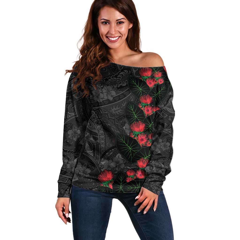 Hawaiian Taro Leaves and Ohia Lehua Off Shoulder Sweater Polynesian Tribal Art Tropical Plants Motifs Grayscale
