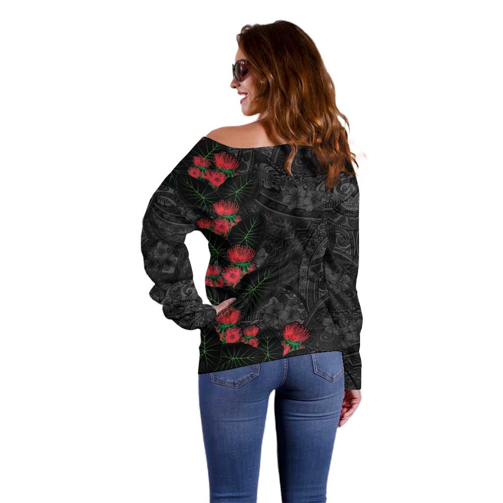 Hawaiian Taro Leaves and Ohia Lehua Off Shoulder Sweater Polynesian Tribal Art Tropical Plants Motifs Grayscale LT03 - Polynesian Pride