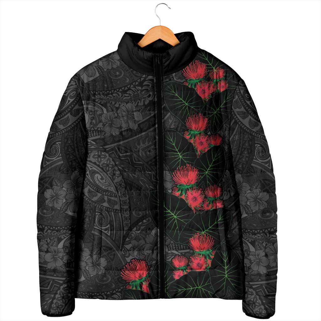 Hawaiian Taro Leaves and Ohia Lehua Padded Jacket Polynesian Tribal Art Tropical Plants Motifs Grayscale LT03 - Polynesian Pride