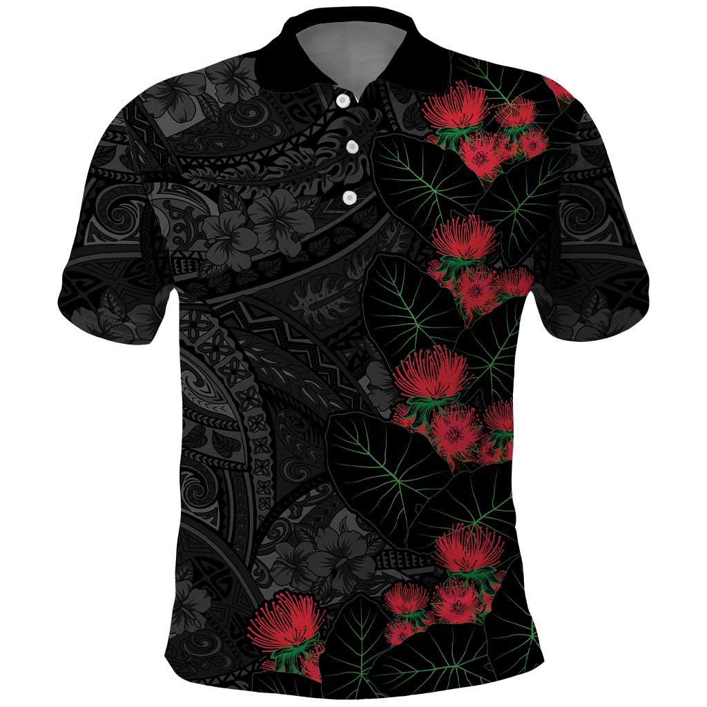 Hawaiian Taro Leaves and Ohia Lehua Polo Shirt Polynesian Tribal Art Tropical Plants Motifs Grayscale LT03 Multicolor - Polynesian Pride