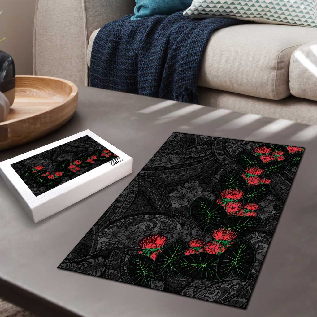 Hawaiian Taro Leaves and Ohia Lehua Puzzle Polynesian Tribal Art Tropical Plants Motifs Grayscale LT03 - Polynesian Pride