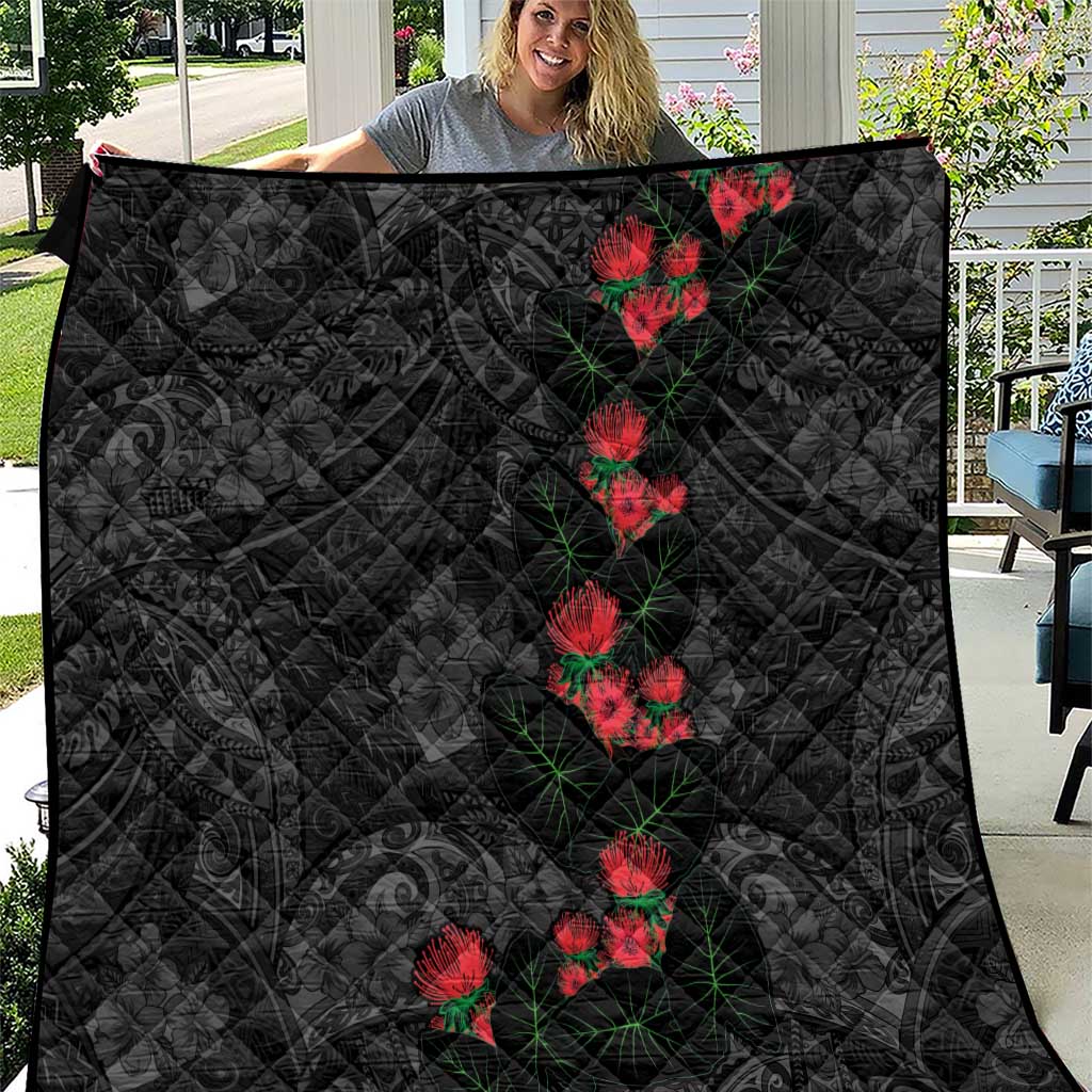 Hawaiian Taro Leaves and Ohia Lehua Quilt Polynesian Tribal Art Tropical Plants Motifs Grayscale LT03 Multicolor - Polynesian Pride