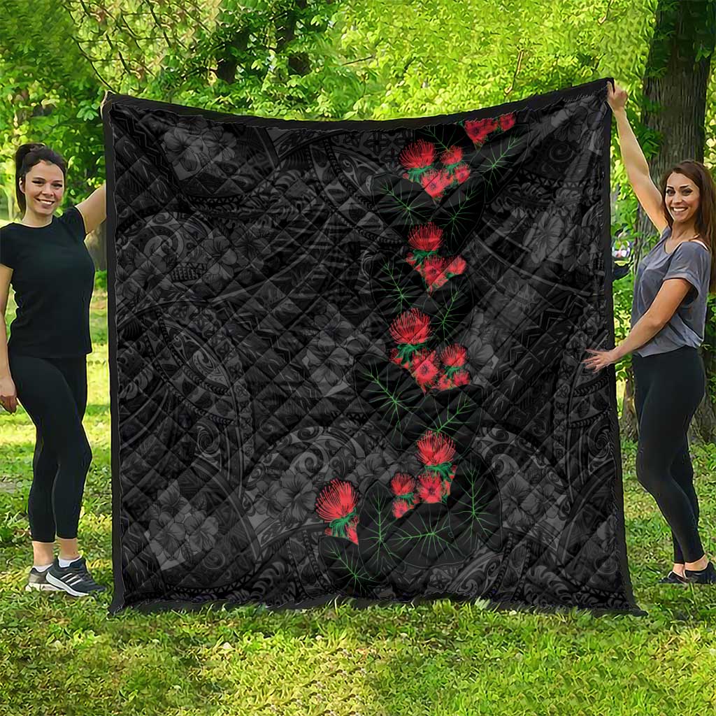 Hawaiian Taro Leaves and Ohia Lehua Quilt Polynesian Tribal Art Tropical Plants Motifs Grayscale LT03 - Polynesian Pride