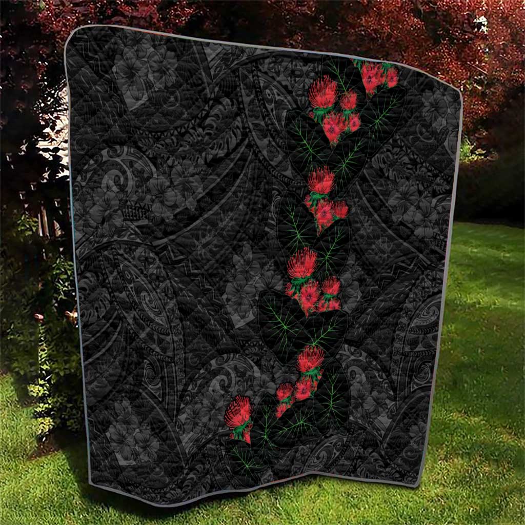 Hawaiian Taro Leaves and Ohia Lehua Quilt Polynesian Tribal Art Tropical Plants Motifs Grayscale LT03 - Polynesian Pride