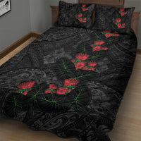 Hawaiian Taro Leaves and Ohia Lehua Quilt Bed Set Polynesian Tribal Art Tropical Plants Motifs Grayscale LT03 - Polynesian Pride