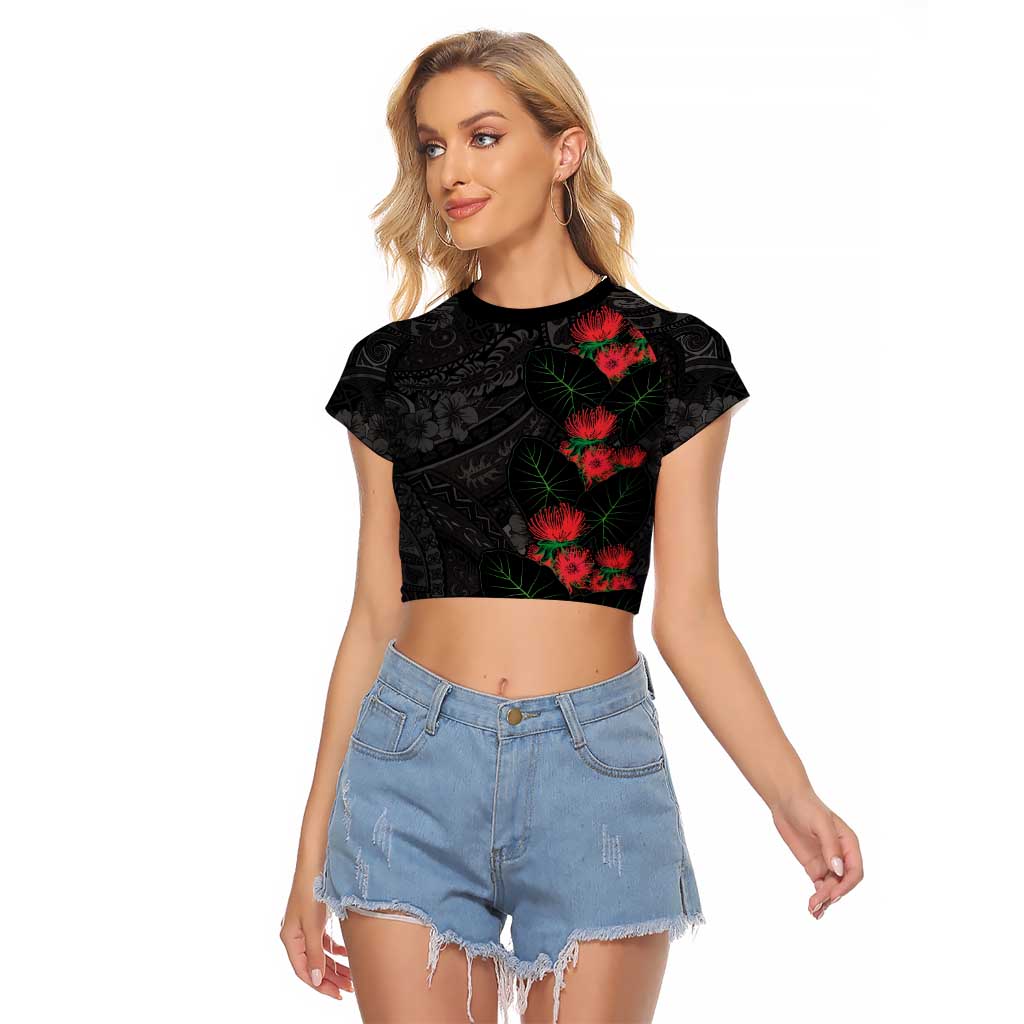 Hawaiian Taro Leaves and Ohia Lehua Raglan Cropped T Shirt Polynesian Tribal Art Tropical Plants Motifs Grayscale