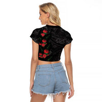 Hawaiian Taro Leaves and Ohia Lehua Raglan Cropped T Shirt Polynesian Tribal Art Tropical Plants Motifs Grayscale