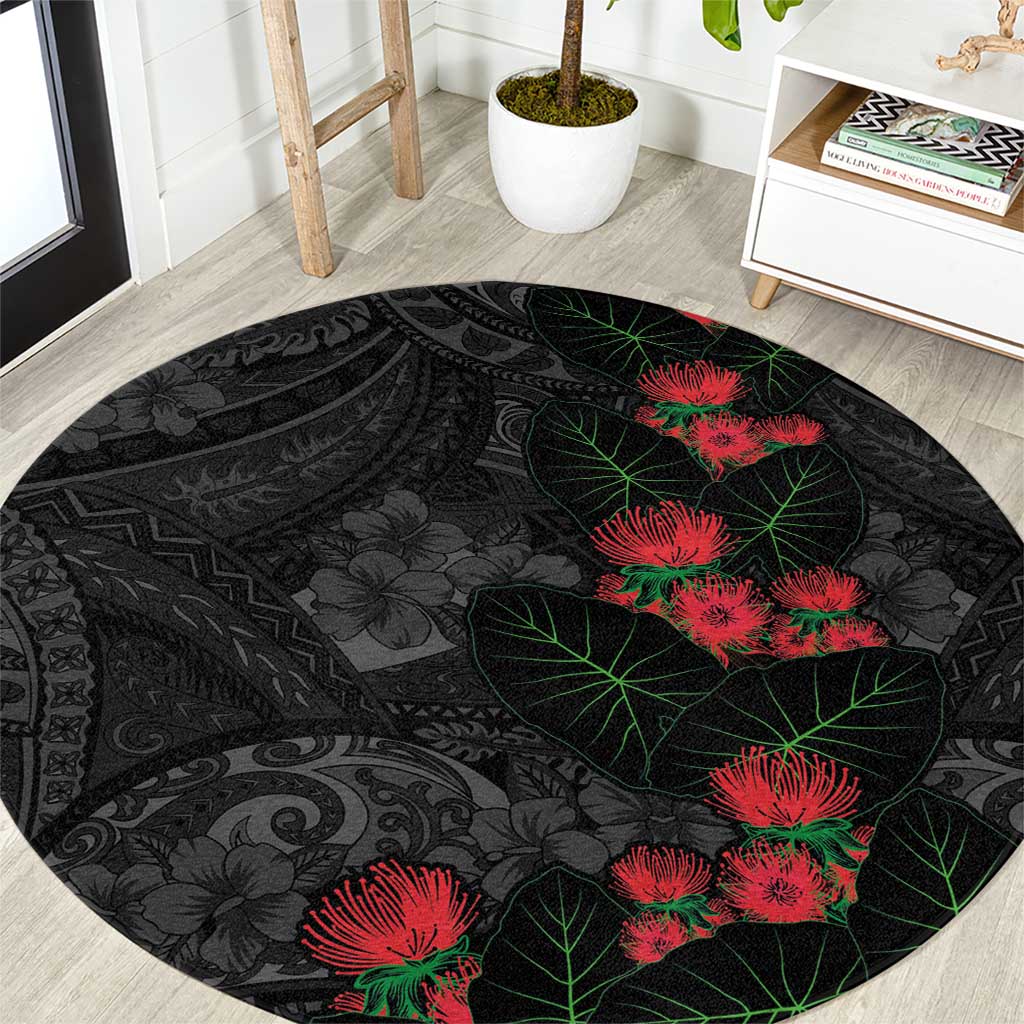 Hawaiian Taro Leaves and Ohia Lehua Round Carpet Polynesian Tribal Art Tropical Plants Motifs Grayscale