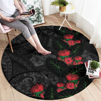 Hawaiian Taro Leaves and Ohia Lehua Round Carpet Polynesian Tribal Art Tropical Plants Motifs Grayscale