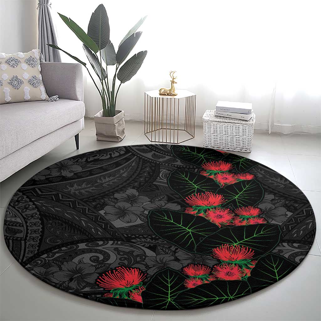 Hawaiian Taro Leaves and Ohia Lehua Round Carpet Polynesian Tribal Art Tropical Plants Motifs Grayscale
