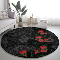 Hawaiian Taro Leaves and Ohia Lehua Round Carpet Polynesian Tribal Art Tropical Plants Motifs Grayscale