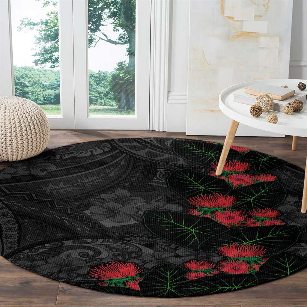 Hawaiian Taro Leaves and Ohia Lehua Round Carpet Polynesian Tribal Art Tropical Plants Motifs Grayscale