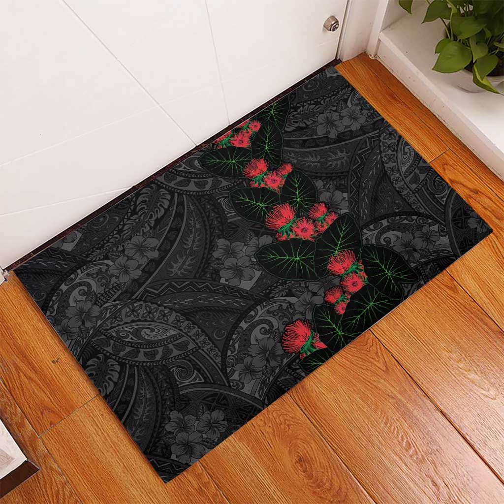 Hawaiian Taro Leaves and Ohia Lehua Rubber Doormat Polynesian Tribal Art Tropical Plants Motifs Grayscale
