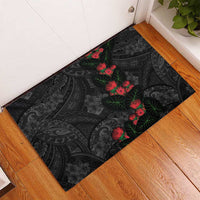 Hawaiian Taro Leaves and Ohia Lehua Rubber Doormat Polynesian Tribal Art Tropical Plants Motifs Grayscale