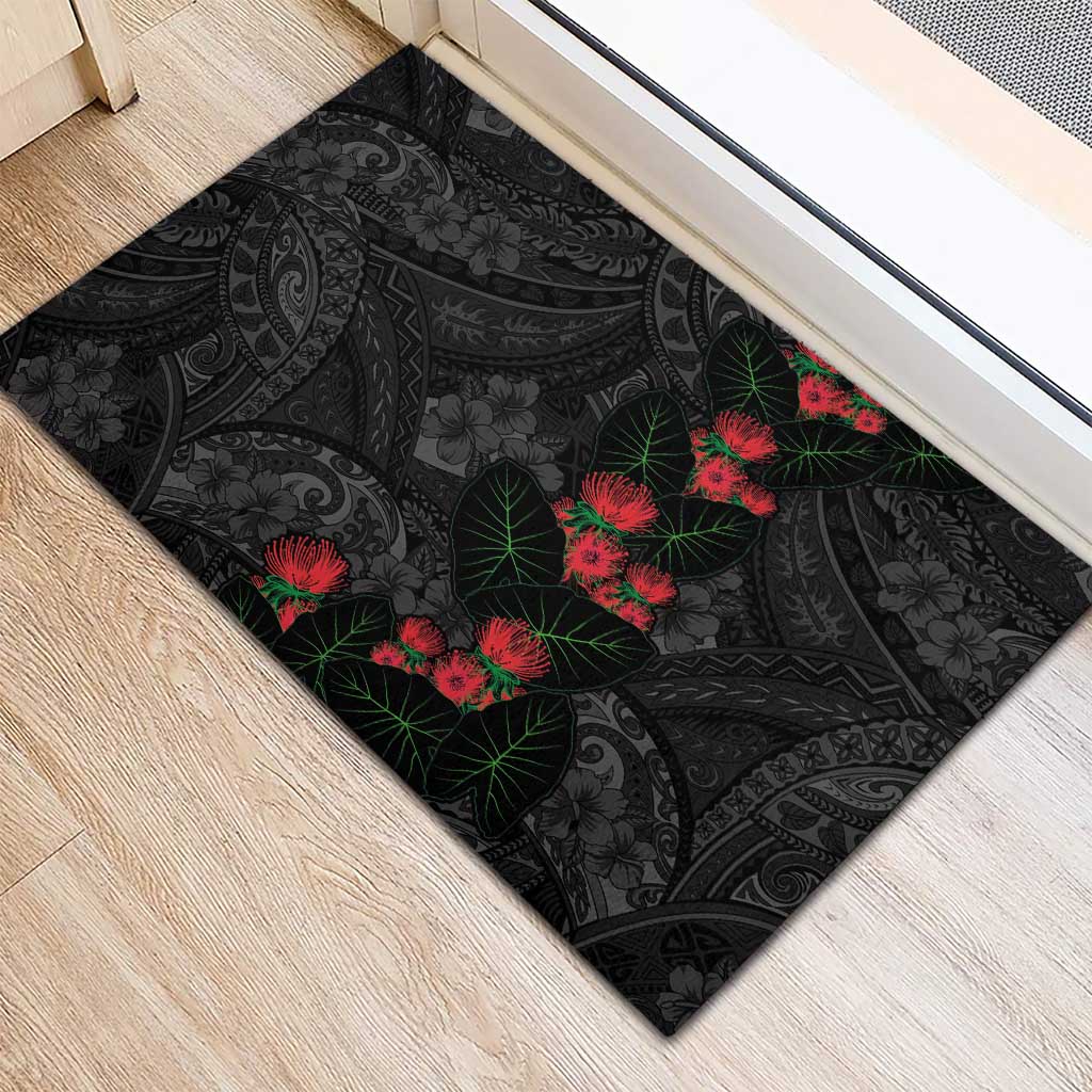 Hawaiian Taro Leaves and Ohia Lehua Rubber Doormat Polynesian Tribal Art Tropical Plants Motifs Grayscale