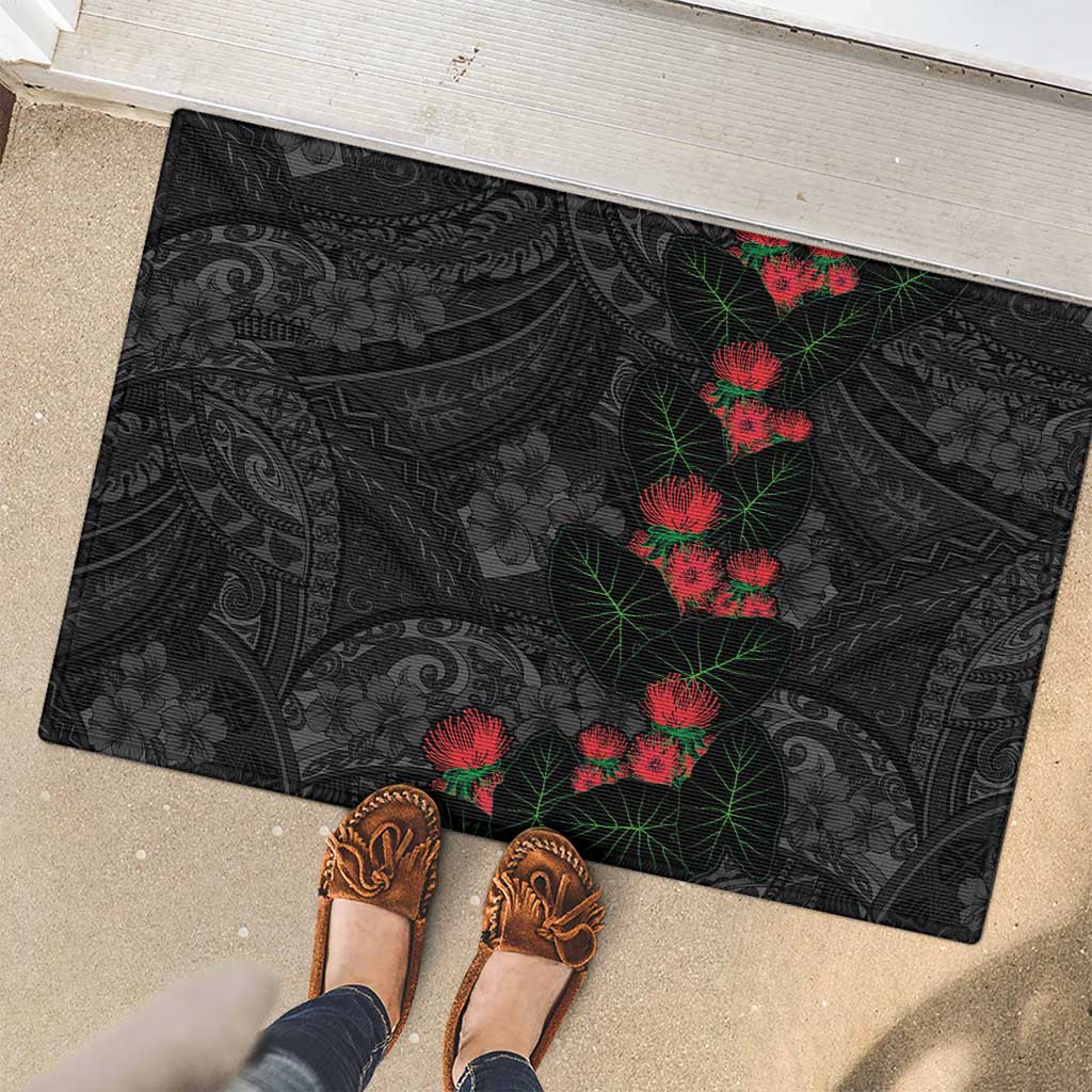 Hawaiian Taro Leaves and Ohia Lehua Rubber Doormat Polynesian Tribal Art Tropical Plants Motifs Grayscale