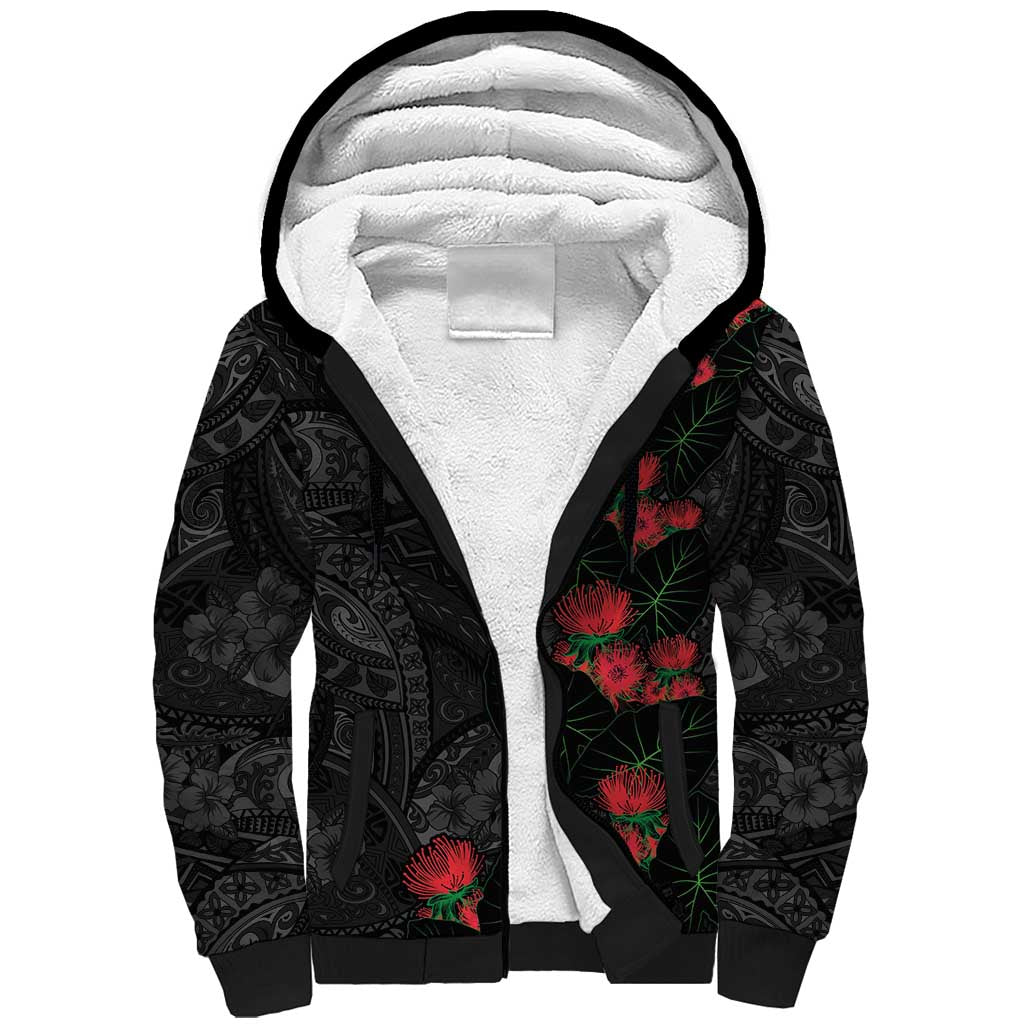Hawaiian Taro Leaves and Ohia Lehua Sherpa Hoodie Polynesian Tribal Art Tropical Plants Motifs Grayscale