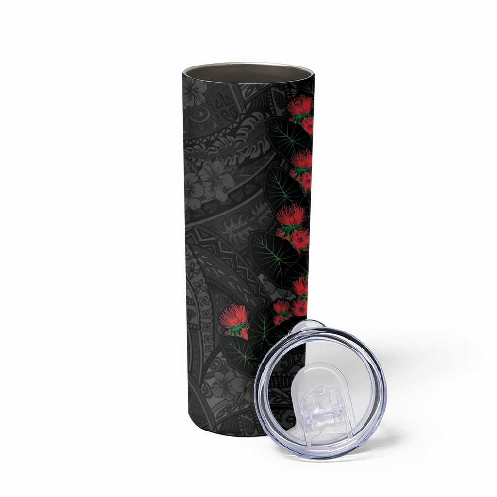 Hawaiian Taro Leaves and Ohia Lehua Skinny Tumbler Polynesian Tribal Art Tropical Plants Motifs Grayscale LT03 - Polynesian Pride