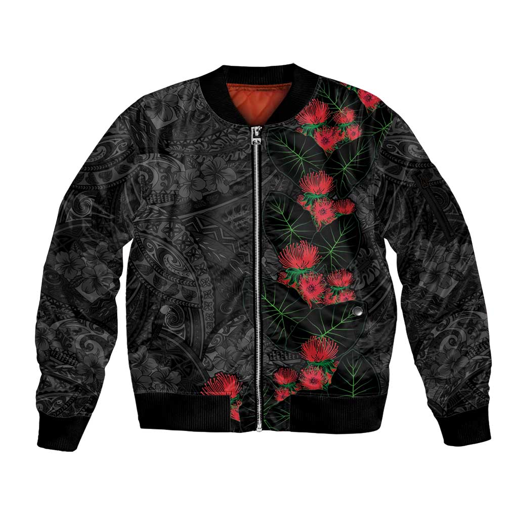 Hawaiian Taro Leaves and Ohia Lehua Sleeve Zip Bomber Jacket Polynesian Tribal Art Tropical Plants Motifs Grayscale LT03 Unisex Multicolor - Polynesian Pride