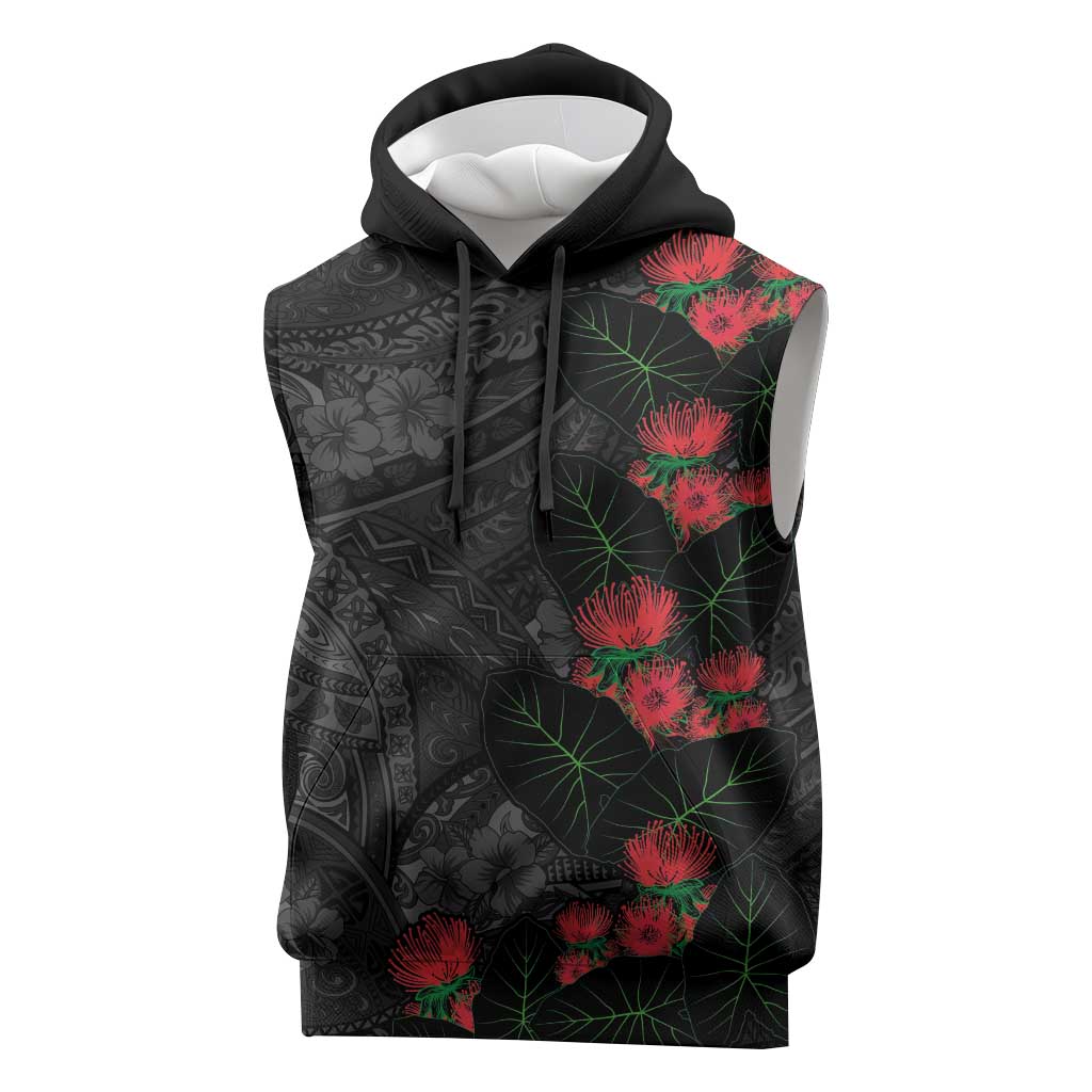 Hawaiian Taro Leaves and Ohia Lehua Sleeveless Hoodie Polynesian Tribal Art Tropical Plants Motifs Grayscale