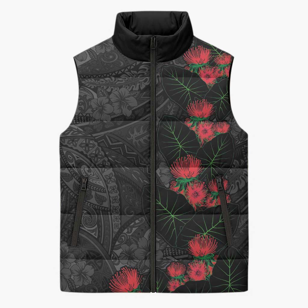 Hawaiian Taro Leaves and Ohia Lehua Sleeveless Puffer Jacket Polynesian Tribal Art Tropical Plants Motifs Grayscale LT03 Unisex Multicolor - Polynesian Pride
