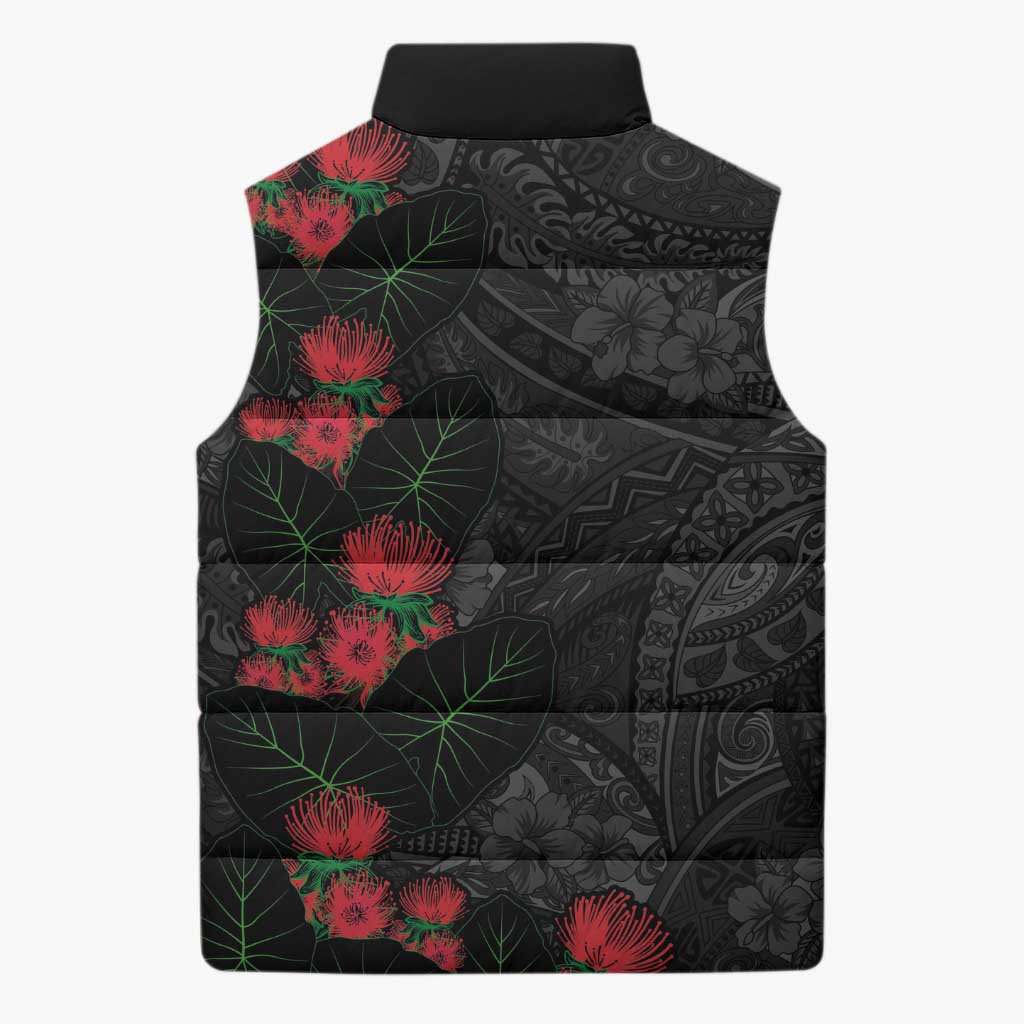 Hawaiian Taro Leaves and Ohia Lehua Sleeveless Puffer Jacket Polynesian Tribal Art Tropical Plants Motifs Grayscale LT03 - Polynesian Pride