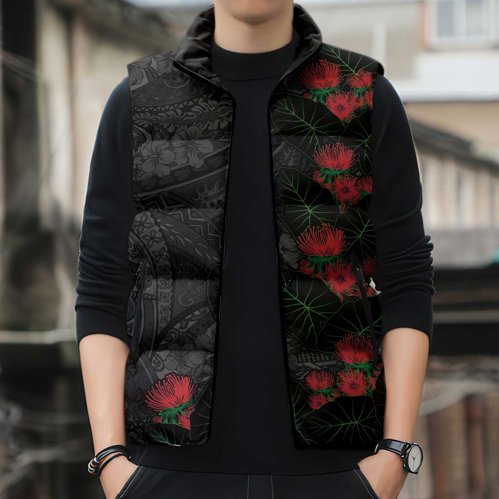 Hawaiian Taro Leaves and Ohia Lehua Sleeveless Puffer Jacket Polynesian Tribal Art Tropical Plants Motifs Grayscale LT03 - Polynesian Pride