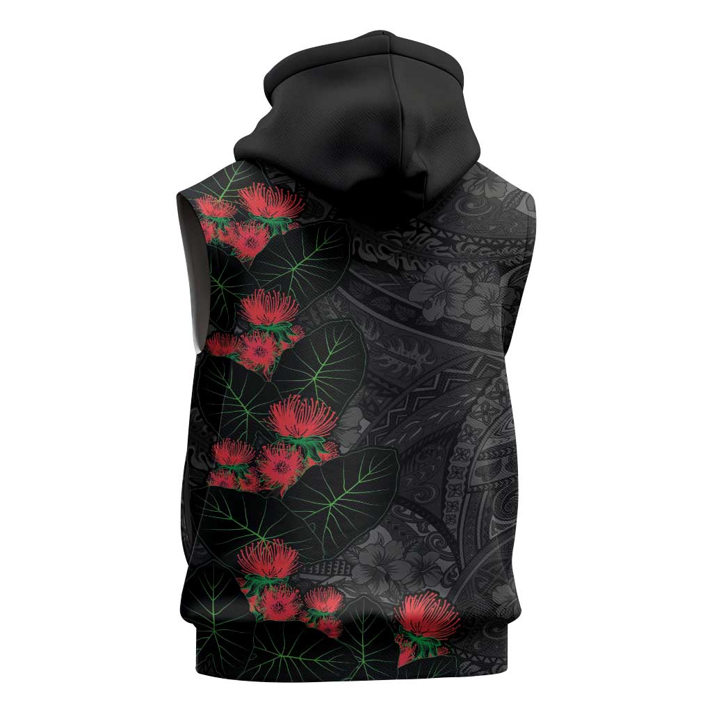 Hawaiian Taro Leaves and Ohia Lehua Sleeveless Zip Hoodie Polynesian Tribal Art Tropical Plants Motifs Grayscale LT03 - Polynesian Pride