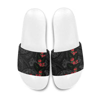 Hawaiian Taro Leaves and Ohia Lehua Slide Sandals Polynesian Tribal Art Tropical Plants Motifs Grayscale