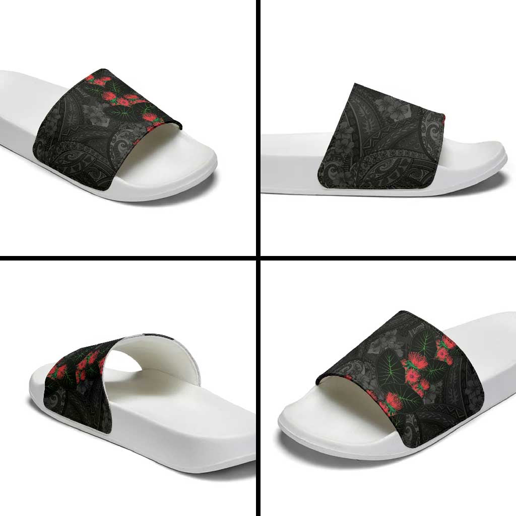 Hawaiian Taro Leaves and Ohia Lehua Slide Sandals Polynesian Tribal Art Tropical Plants Motifs Grayscale