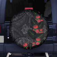 Hawaiian Taro Leaves and Ohia Lehua Spare Tire Cover Polynesian Tribal Art Tropical Plants Motifs Grayscale