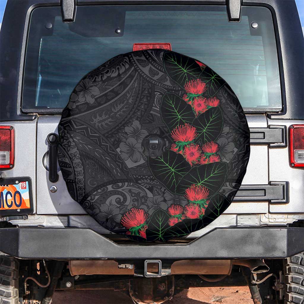 Hawaiian Taro Leaves and Ohia Lehua Spare Tire Cover Polynesian Tribal Art Tropical Plants Motifs Grayscale