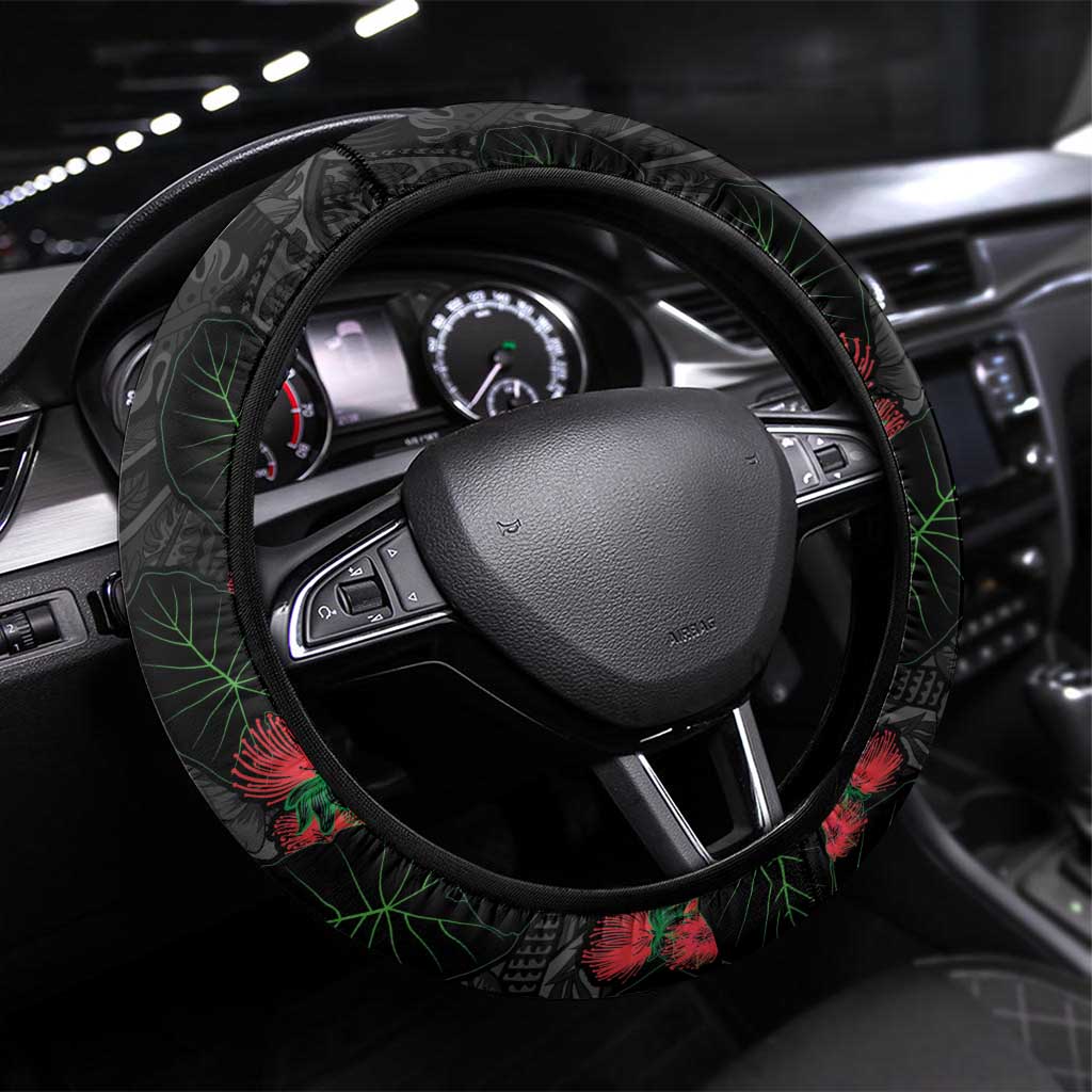 Hawaiian Taro Leaves and Ohia Lehua Steering Wheel Cover Polynesian Tribal Art Tropical Plants Motifs Grayscale LT03 Universal Fit Multicolor - Polynesian Pride