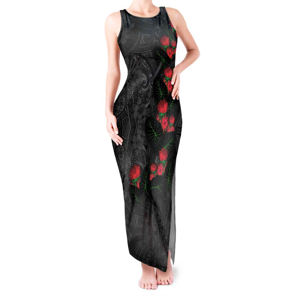 Hawaiian Taro Leaves and Ohia Lehua Tank Maxi Dress Polynesian Tribal Art Tropical Plants Motifs Grayscale LT03 Women Multicolor - Polynesian Pride