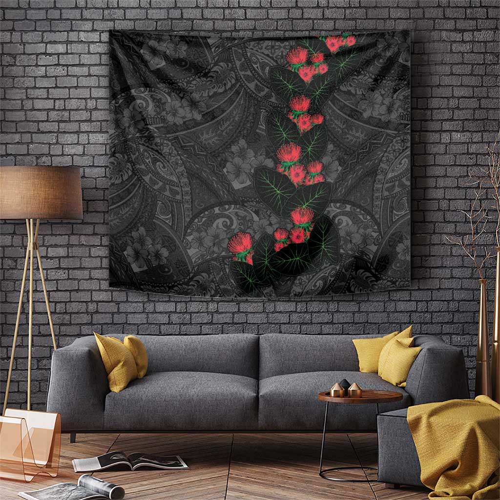Hawaiian Taro Leaves and Ohia Lehua Tapestry Polynesian Tribal Art Tropical Plants Motifs Grayscale LT03 Multicolor - Polynesian Pride