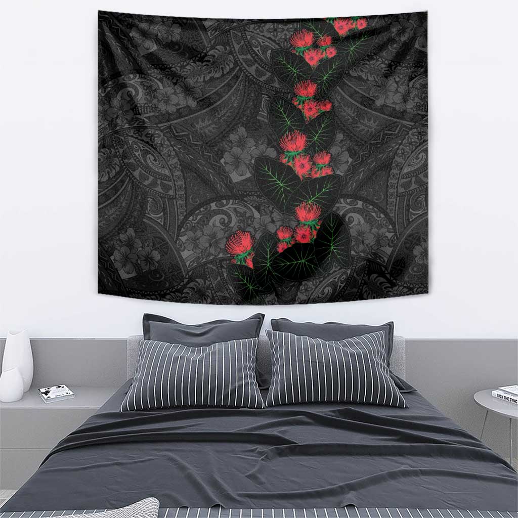 Hawaiian Taro Leaves and Ohia Lehua Tapestry Polynesian Tribal Art Tropical Plants Motifs Grayscale LT03 - Polynesian Pride