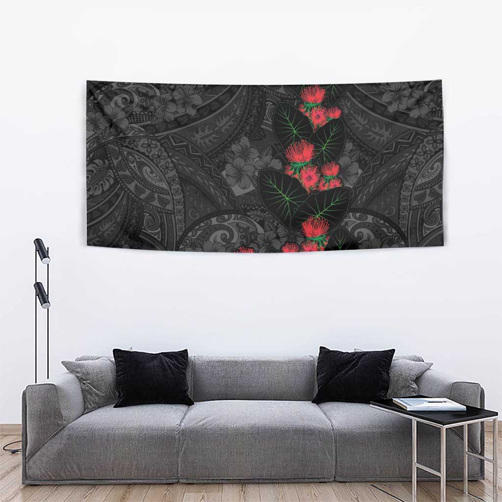 Hawaiian Taro Leaves and Ohia Lehua Tapestry Polynesian Tribal Art Tropical Plants Motifs Grayscale LT03 - Polynesian Pride