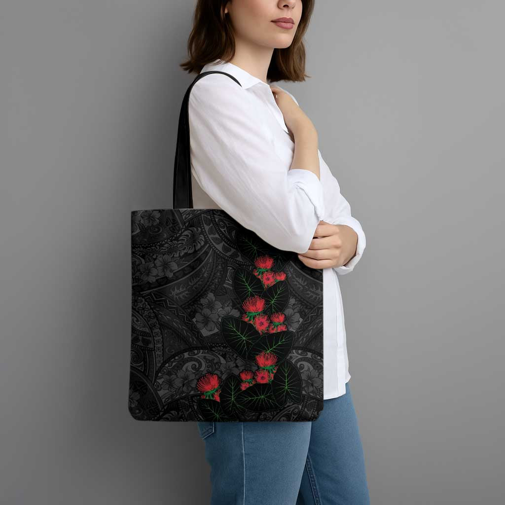 Hawaiian Taro Leaves and Ohia Lehua Tote Bag Polynesian Tribal Art Tropical Plants Motifs Grayscale