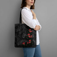Hawaiian Taro Leaves and Ohia Lehua Tote Bag Polynesian Tribal Art Tropical Plants Motifs Grayscale