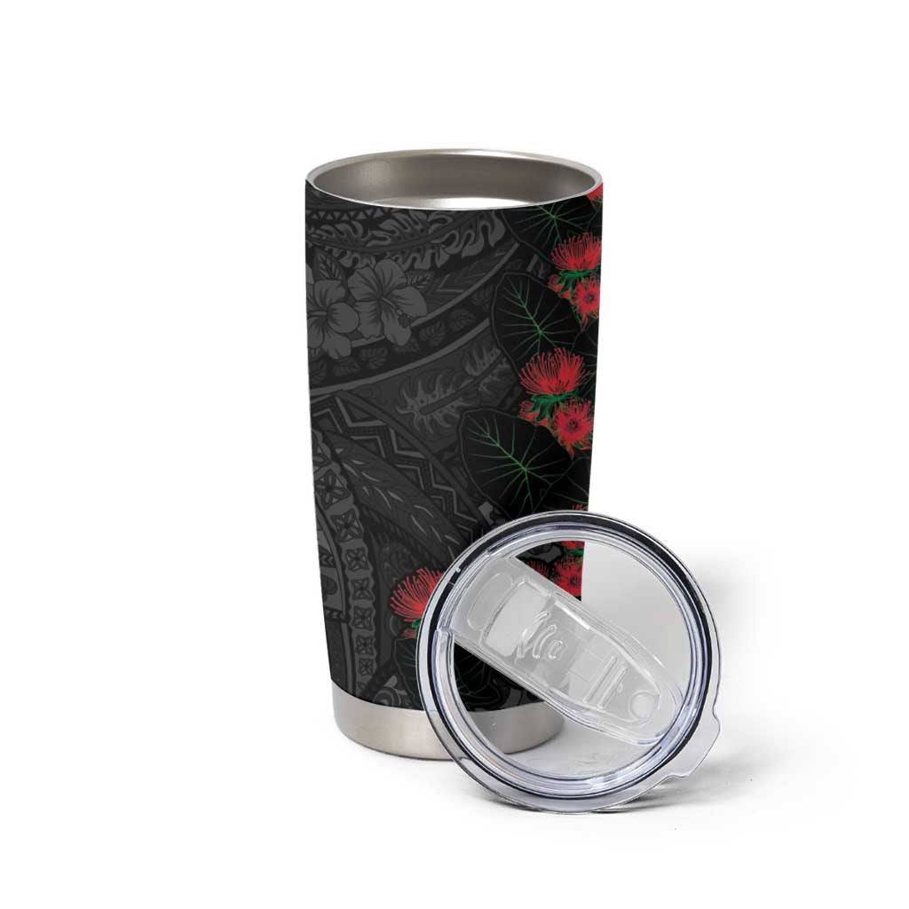 Hawaiian Taro Leaves and Ohia Lehua Tumbler Cup Polynesian Tribal Art Tropical Plants Motifs Grayscale