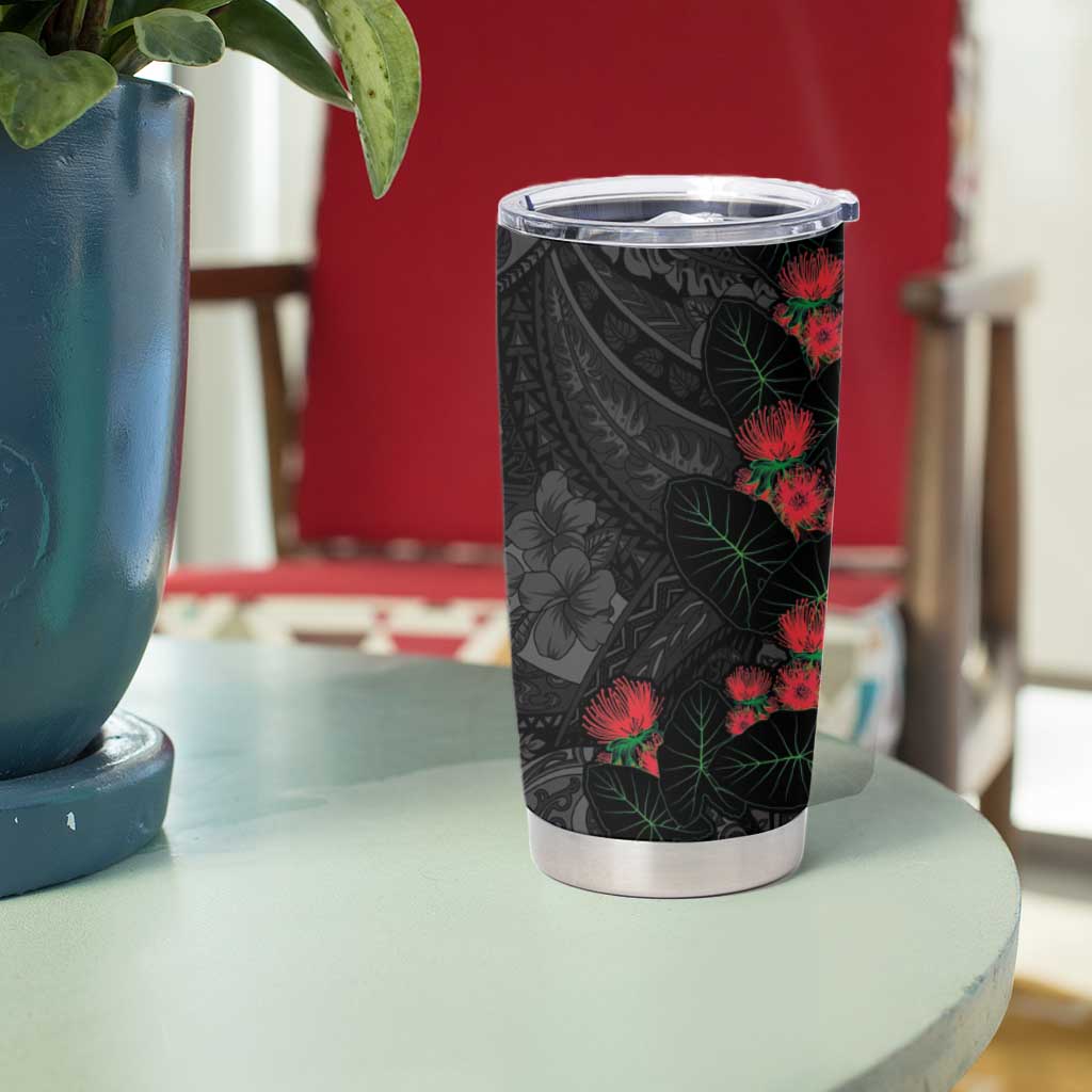 Hawaiian Taro Leaves and Ohia Lehua Tumbler Cup Polynesian Tribal Art Tropical Plants Motifs Grayscale