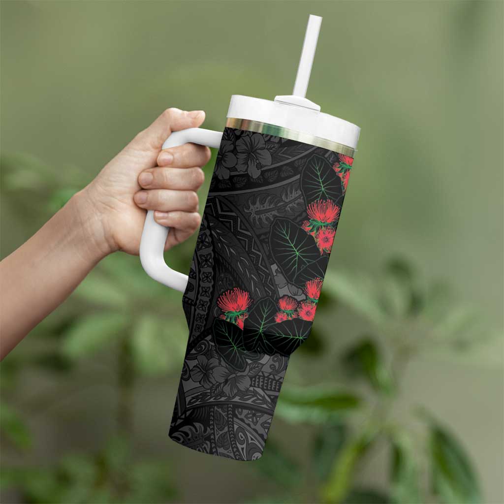 Hawaiian Taro Leaves and Ohia Lehua Tumbler With Handle Polynesian Tribal Art Tropical Plants Motifs Grayscale